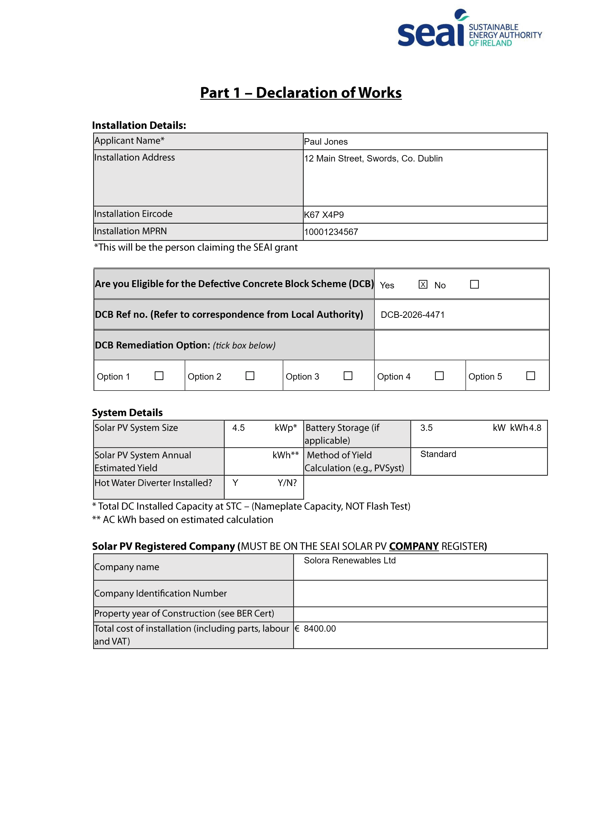Filled Declaration of Works generated by GrantDocs