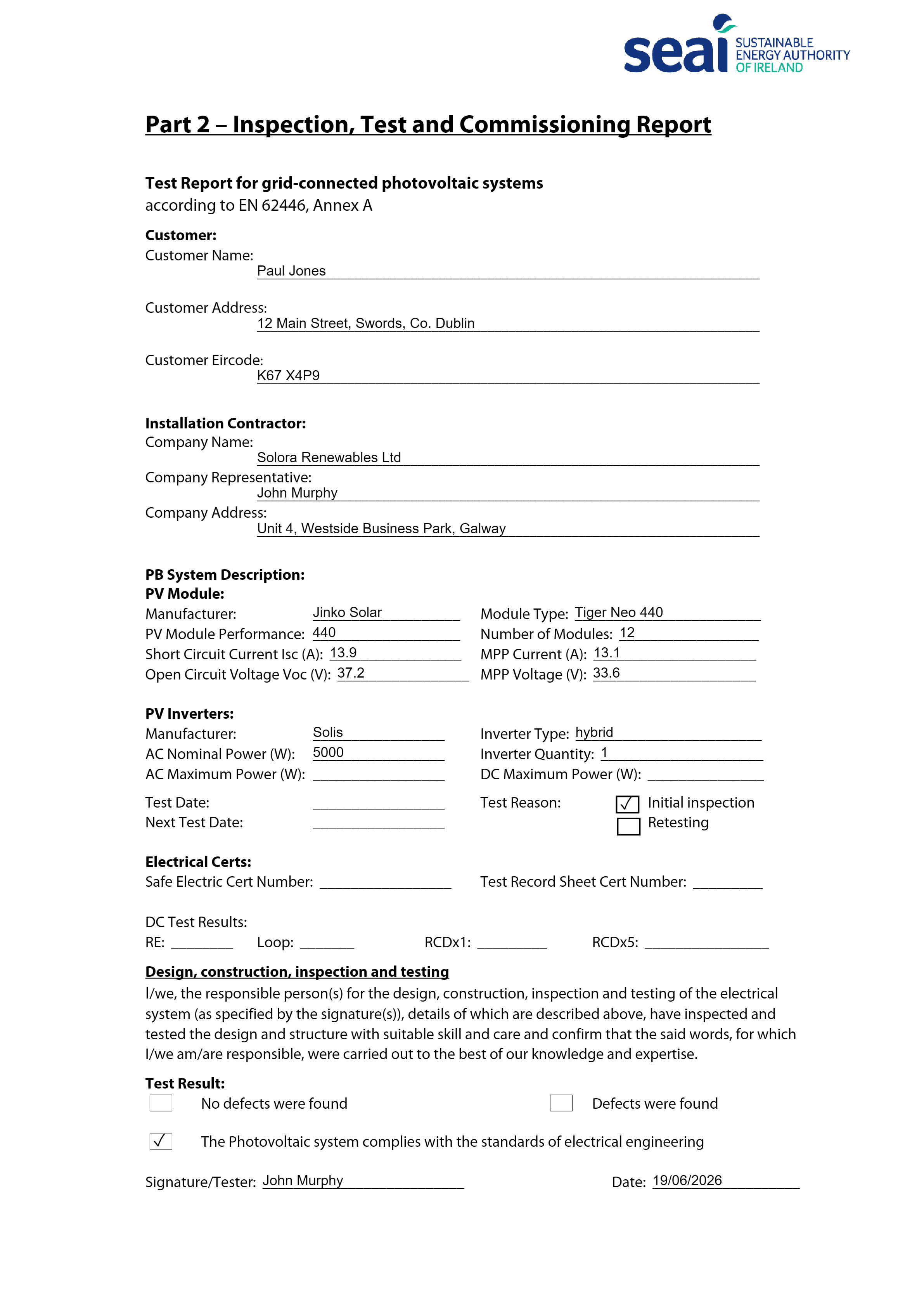 Filled Inspection & Test Report generated by GrantDocs