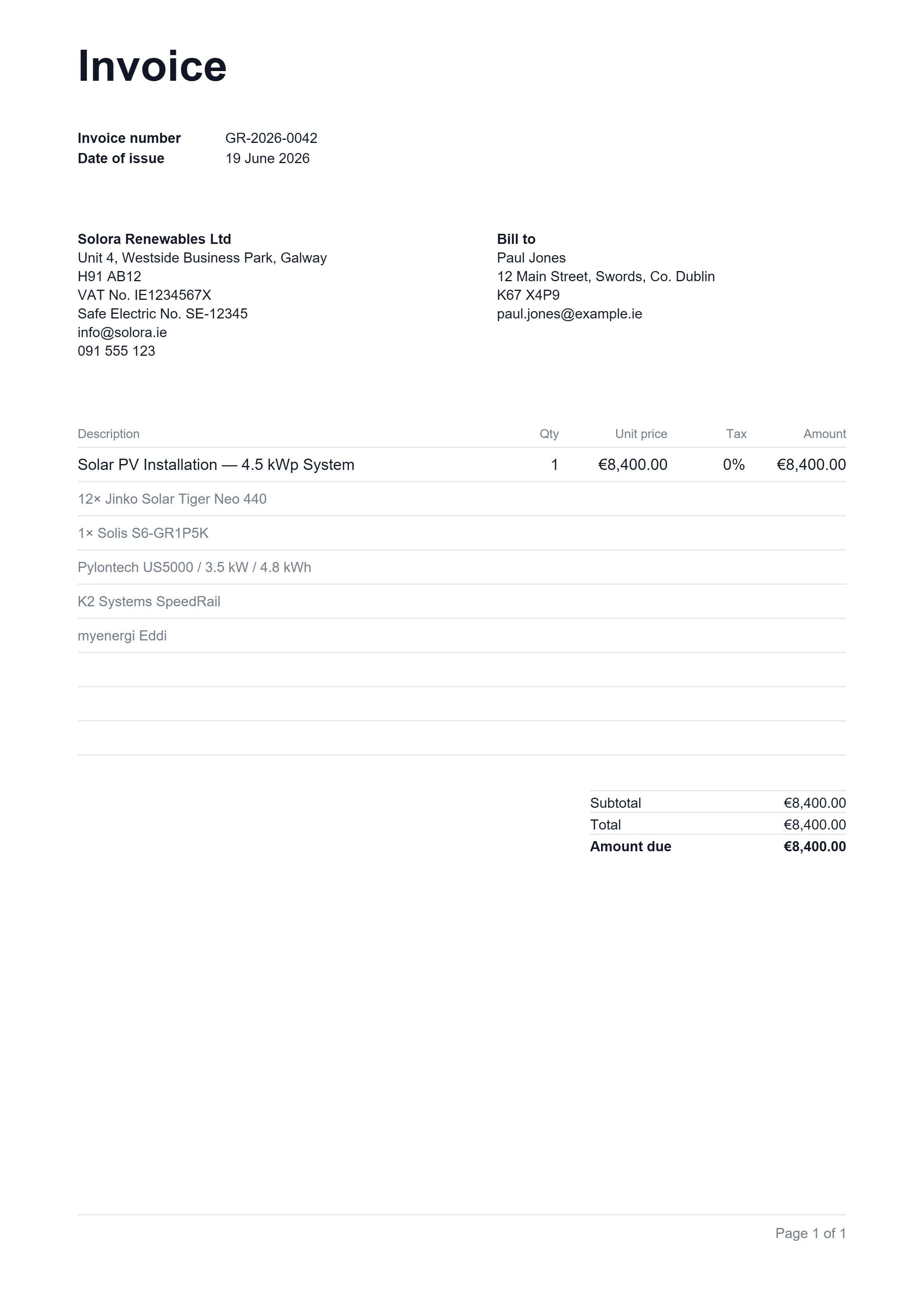 Filled VAT Invoice generated by GrantDocs