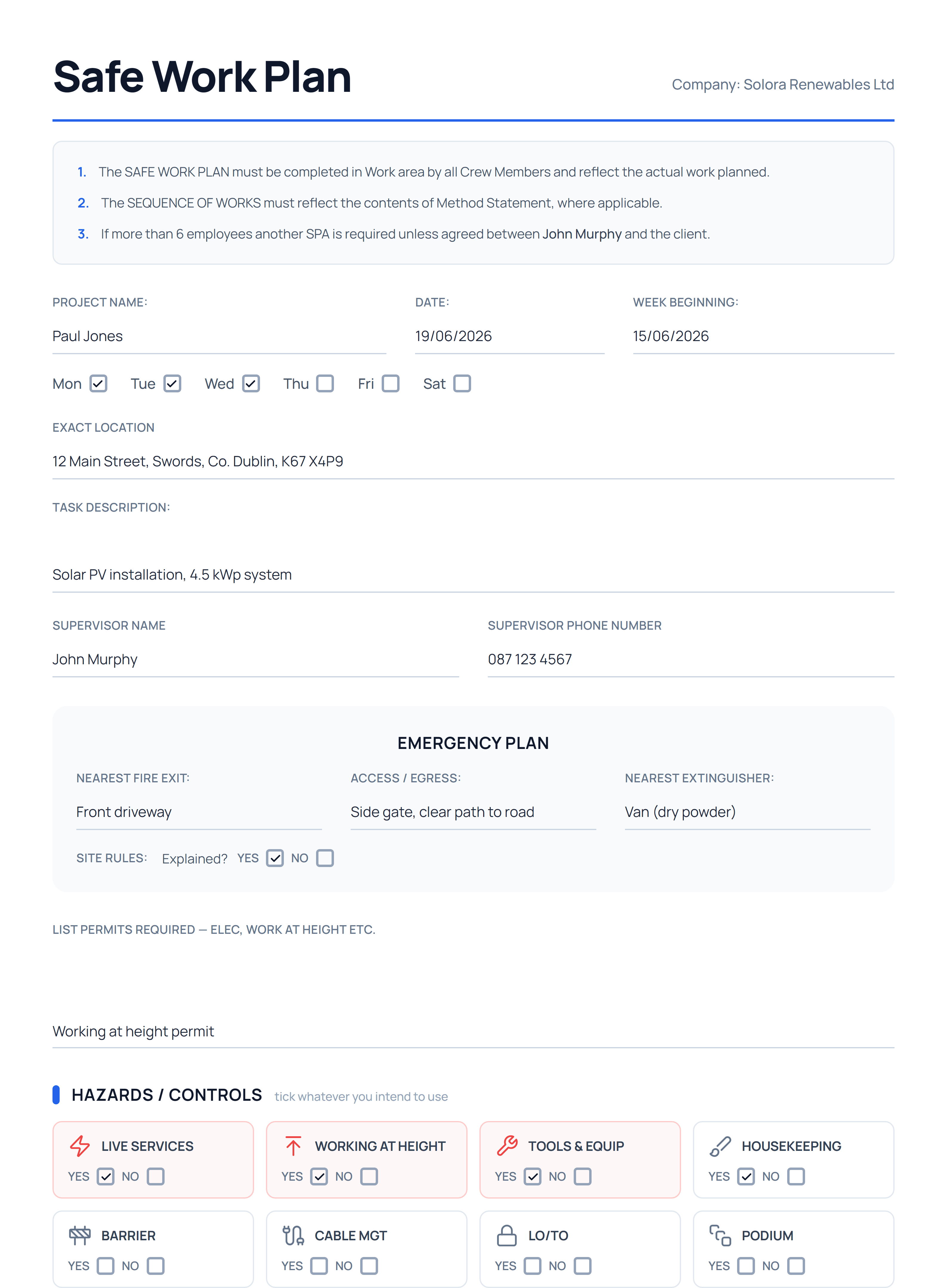Filled Safe Work Plan generated by GrantDocs