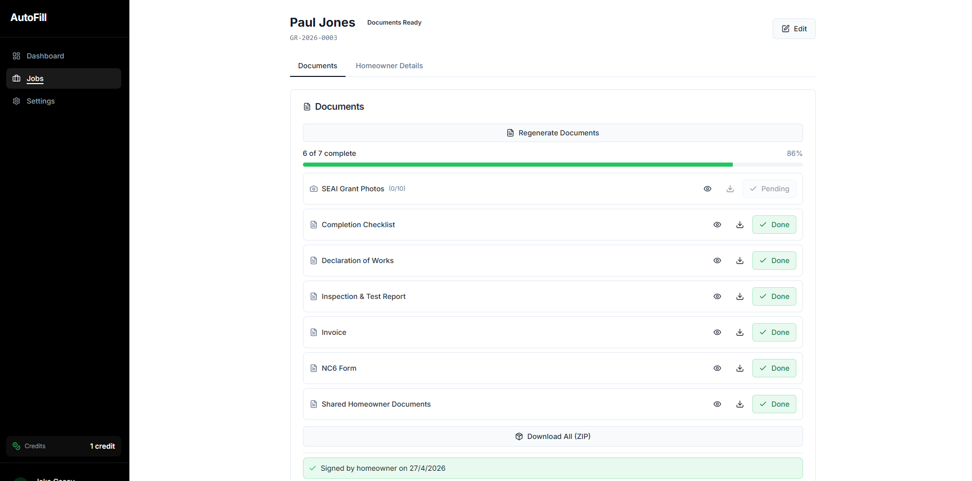 Job page showing generated SEAI forms
